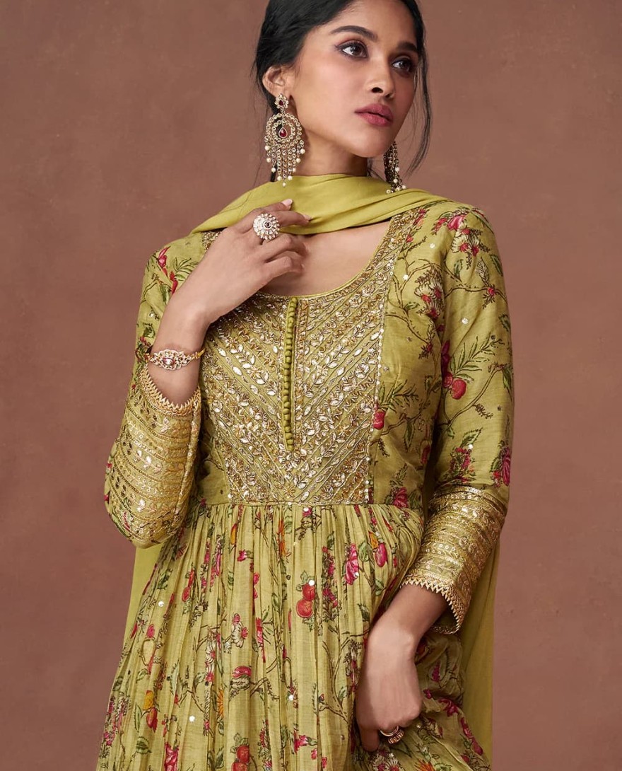 5303 - Mehendi Green Floral Printed Organza Silk Anarkali Suit with Embroidery work